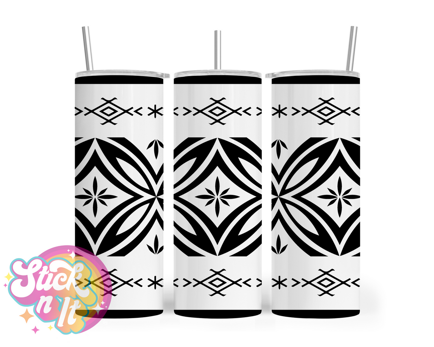 Insulated stainless steel tumbler featuring a Polynesian Tongan design in white and black