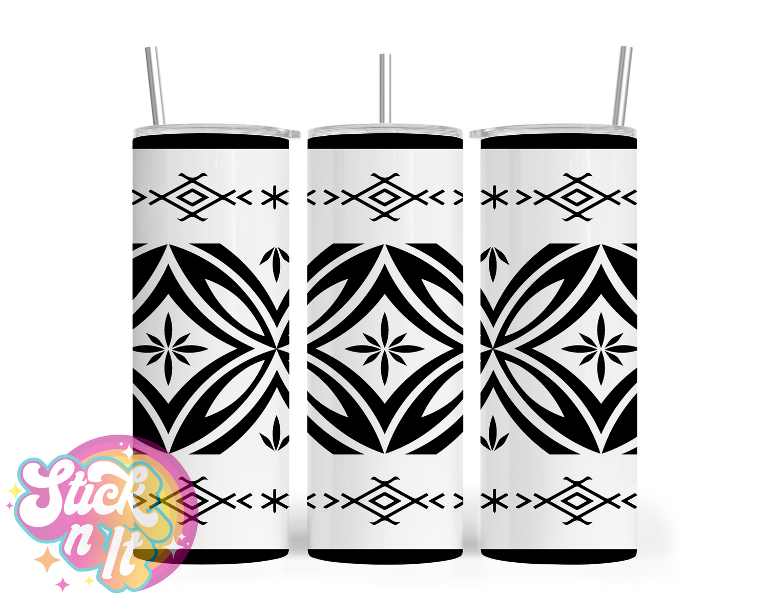 Insulated stainless steel tumbler featuring a Polynesian Tongan design in white and black