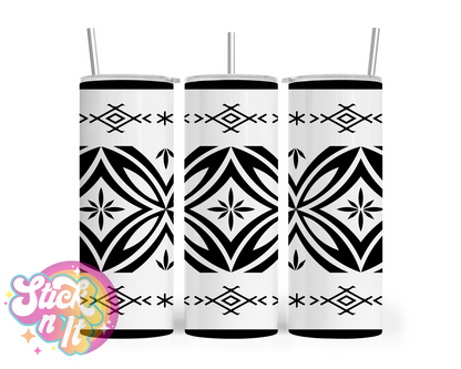 Insulated stainless steel tumbler featuring a Polynesian Tongan design in white and black