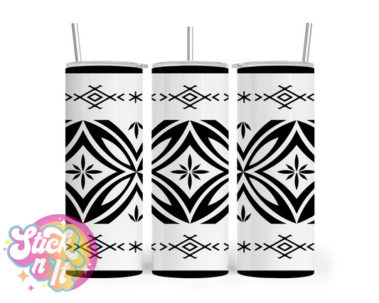 Insulated stainless steel tumbler featuring a Polynesian Tongan design in white and black