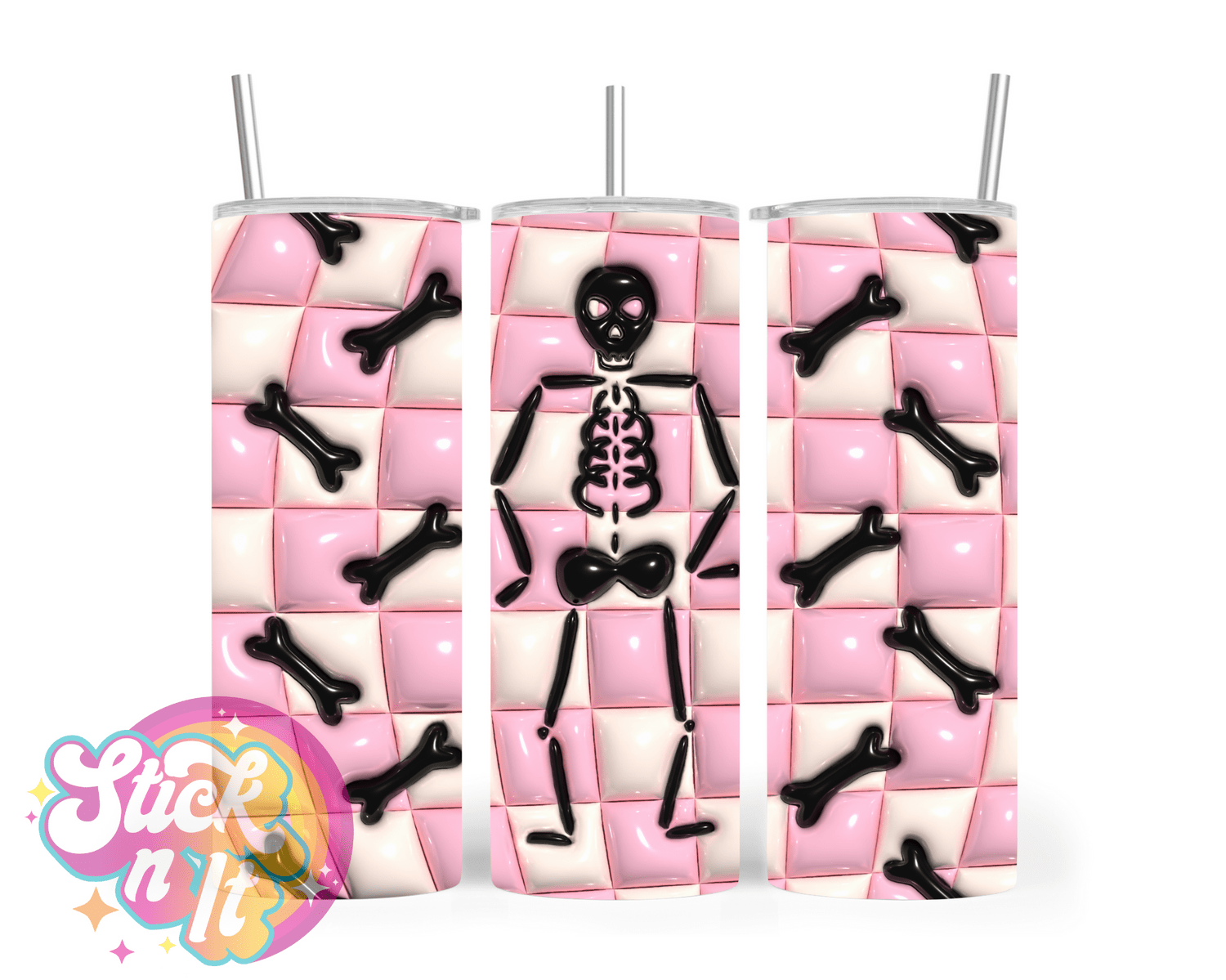 Stainless steel insulated tumbler with skeleton on a chequered background