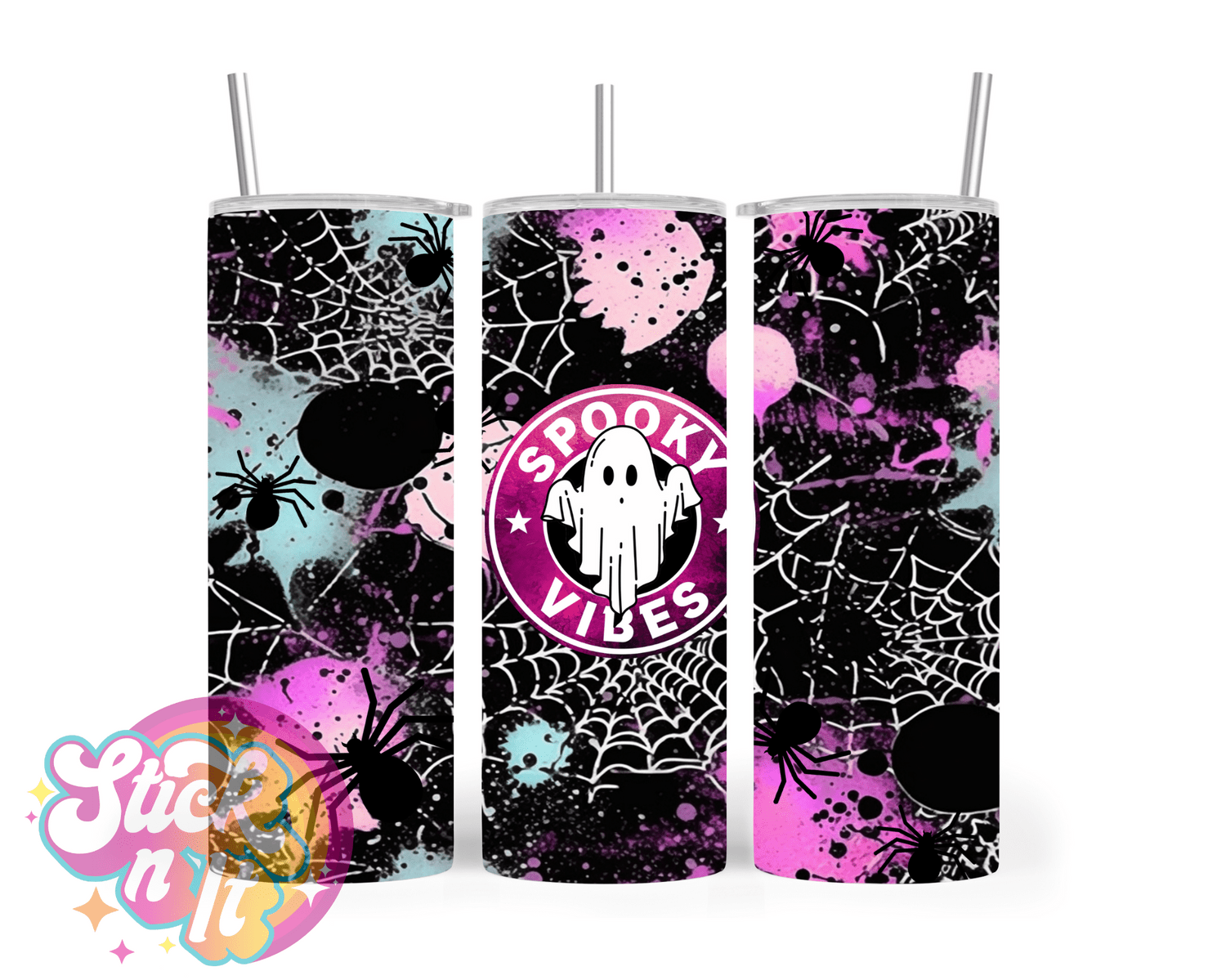 Stainless steel insulated tumbler with quote spooky vibes with ghost and cobwebs
