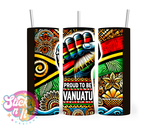 Stainless steel tumbler featuring a raised fist and quote Proud to be Vanuatu on a black background