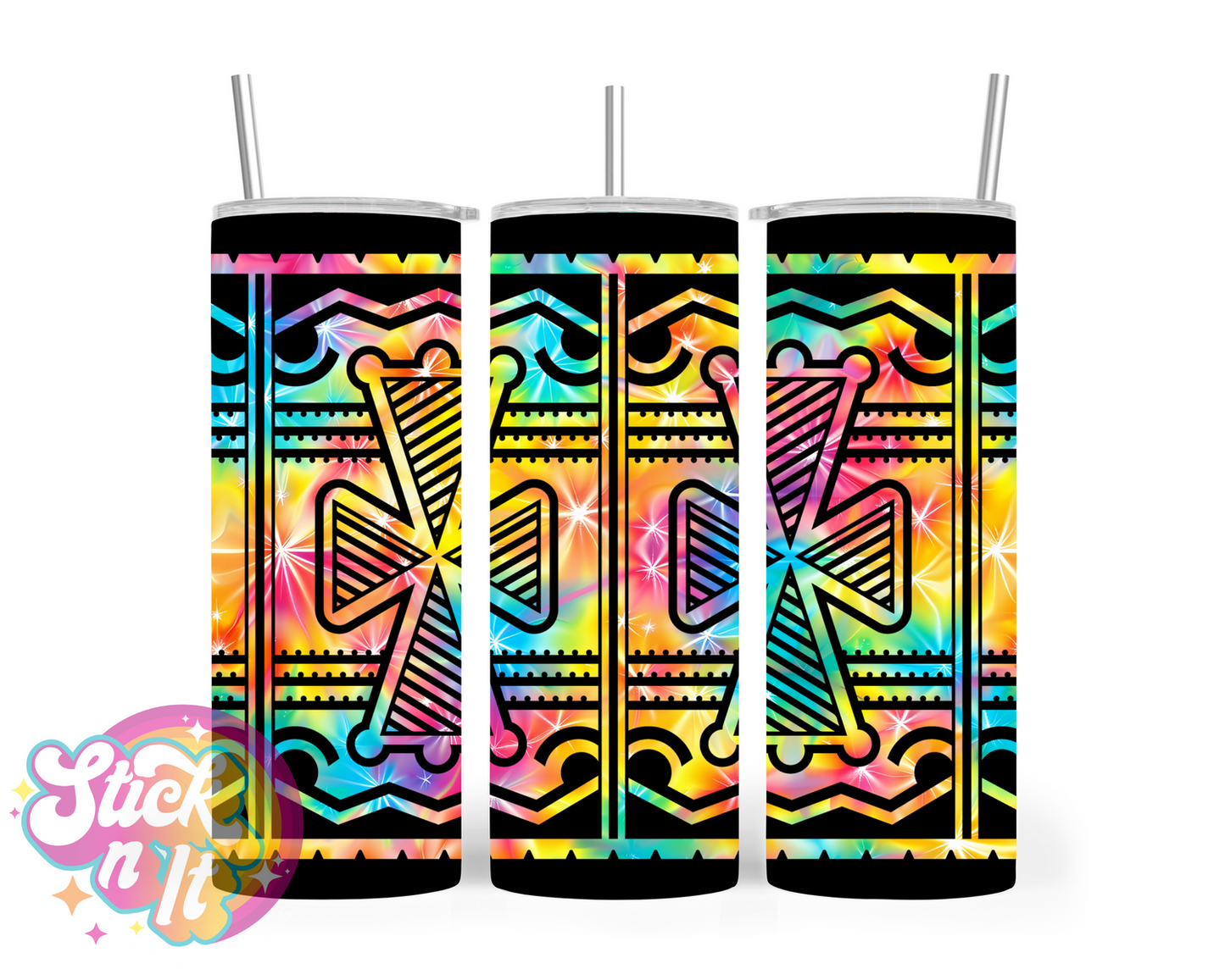 Stainless steel insulated tumbler featuring a white Pacific Islands PNG design in tie dye