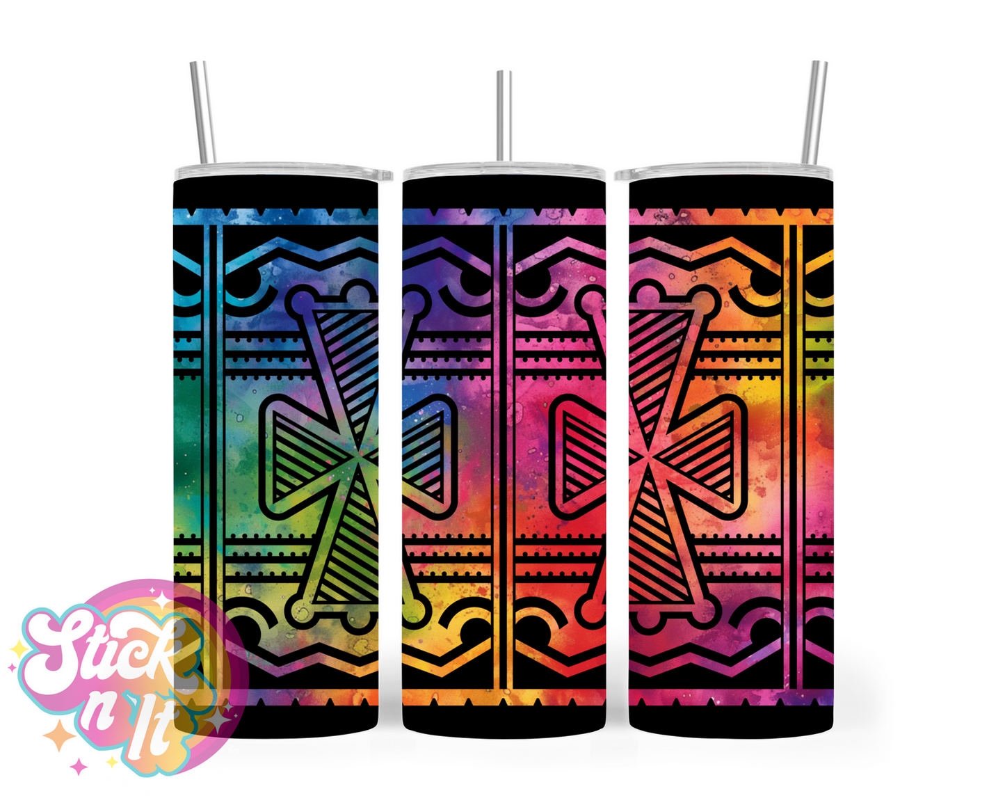 Stainless steel insulated tumbler featuring a white Pacific Islands PNG design in water colour