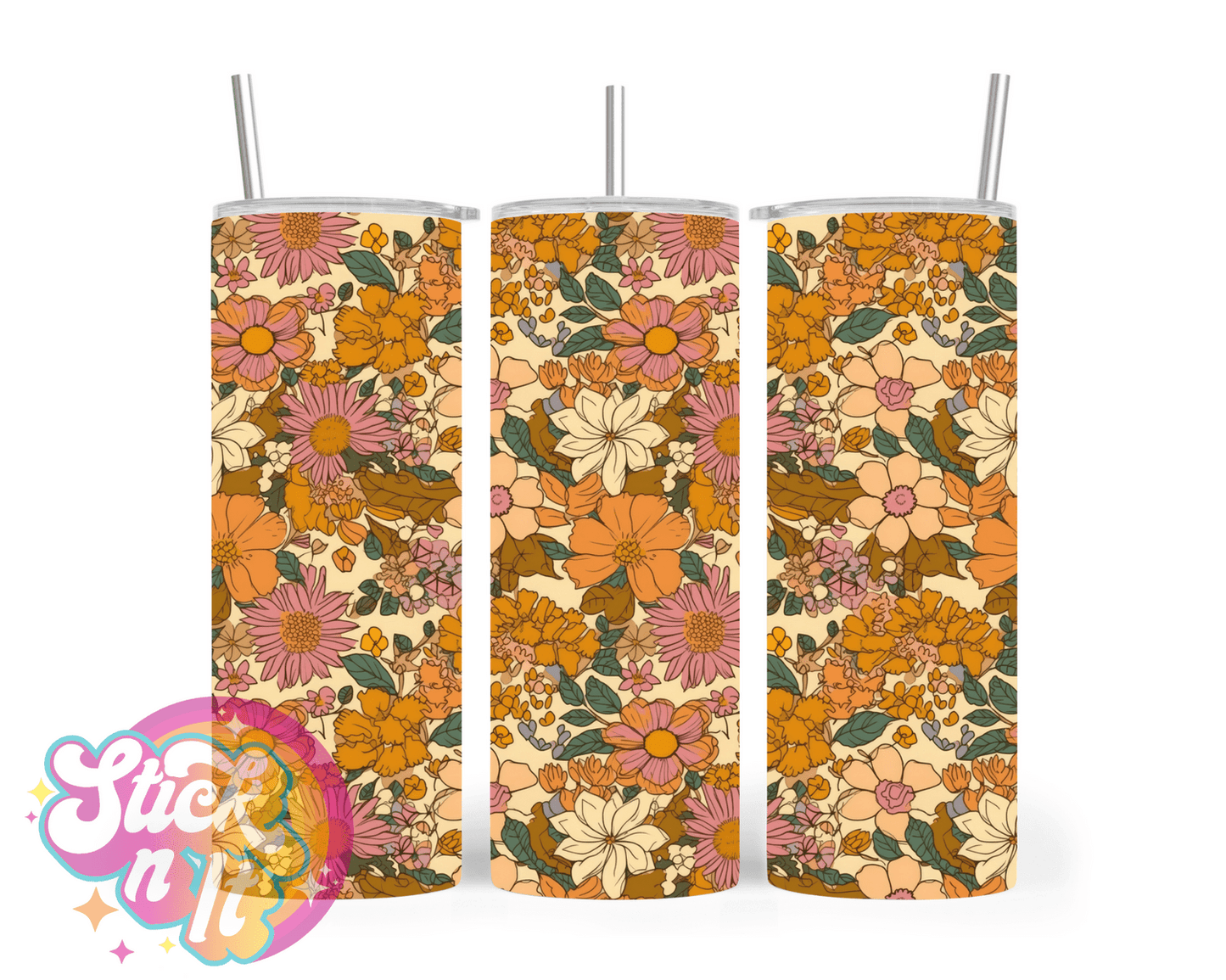 Stainless steel insulated tumbler featuring retro flowers in oranges and browns