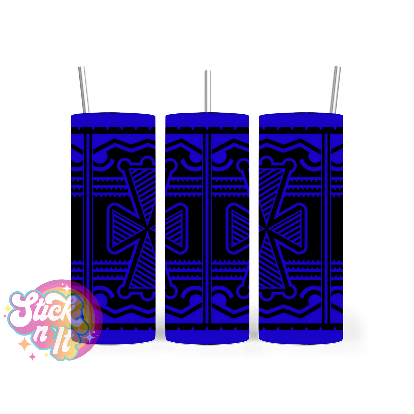 Stainless steel insulated tumbler featuring a white Pacific Islands PNG design in blue