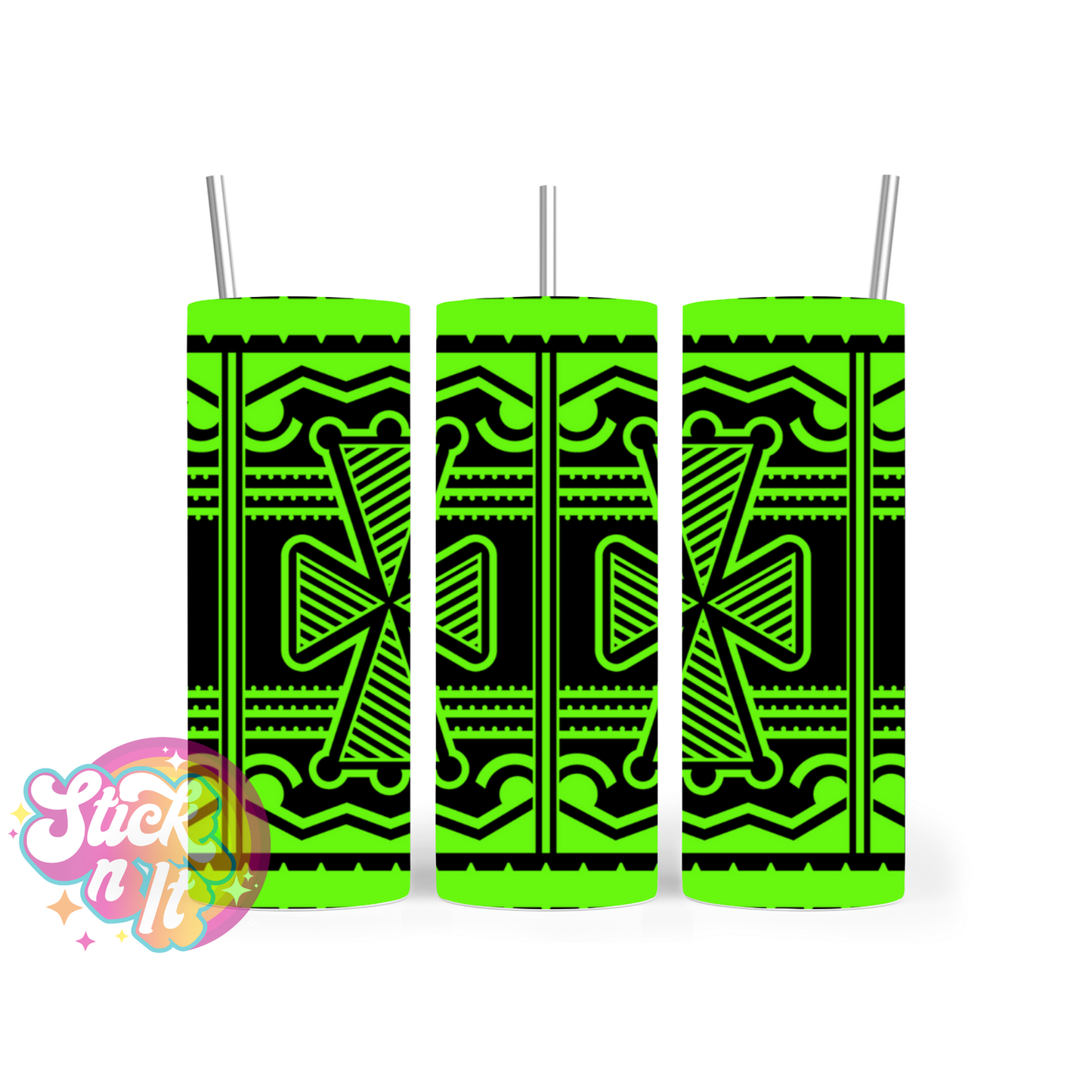 Stainless steel insulated tumbler featuring a white Pacific Islands PNG design in lime