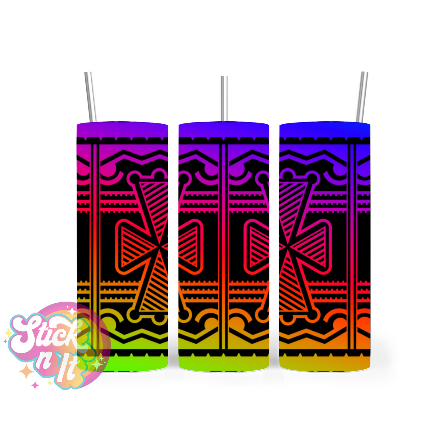 Stainless steel insulated tumbler featuring a white Pacific Islands PNG design in neon and black
