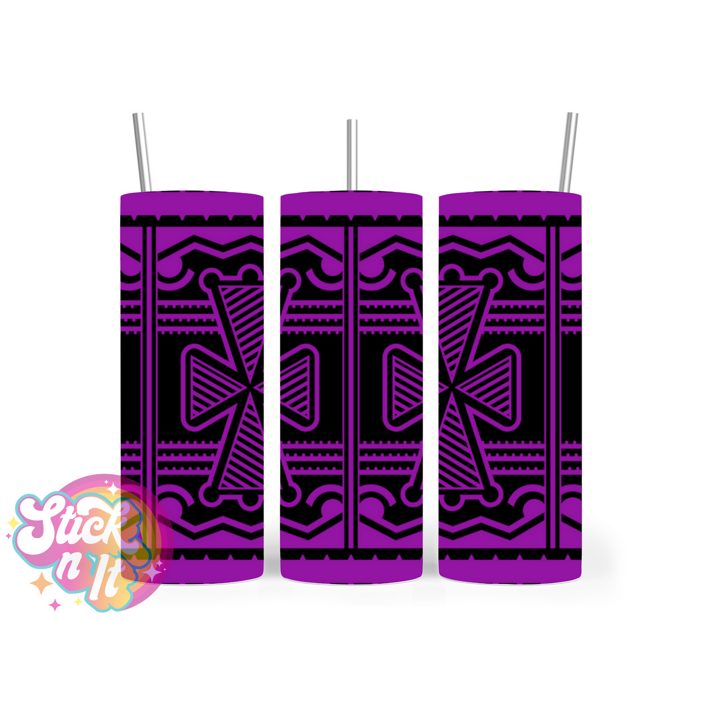 Stainless steel insulated tumbler featuring a white Pacific Islands PNG design in purple