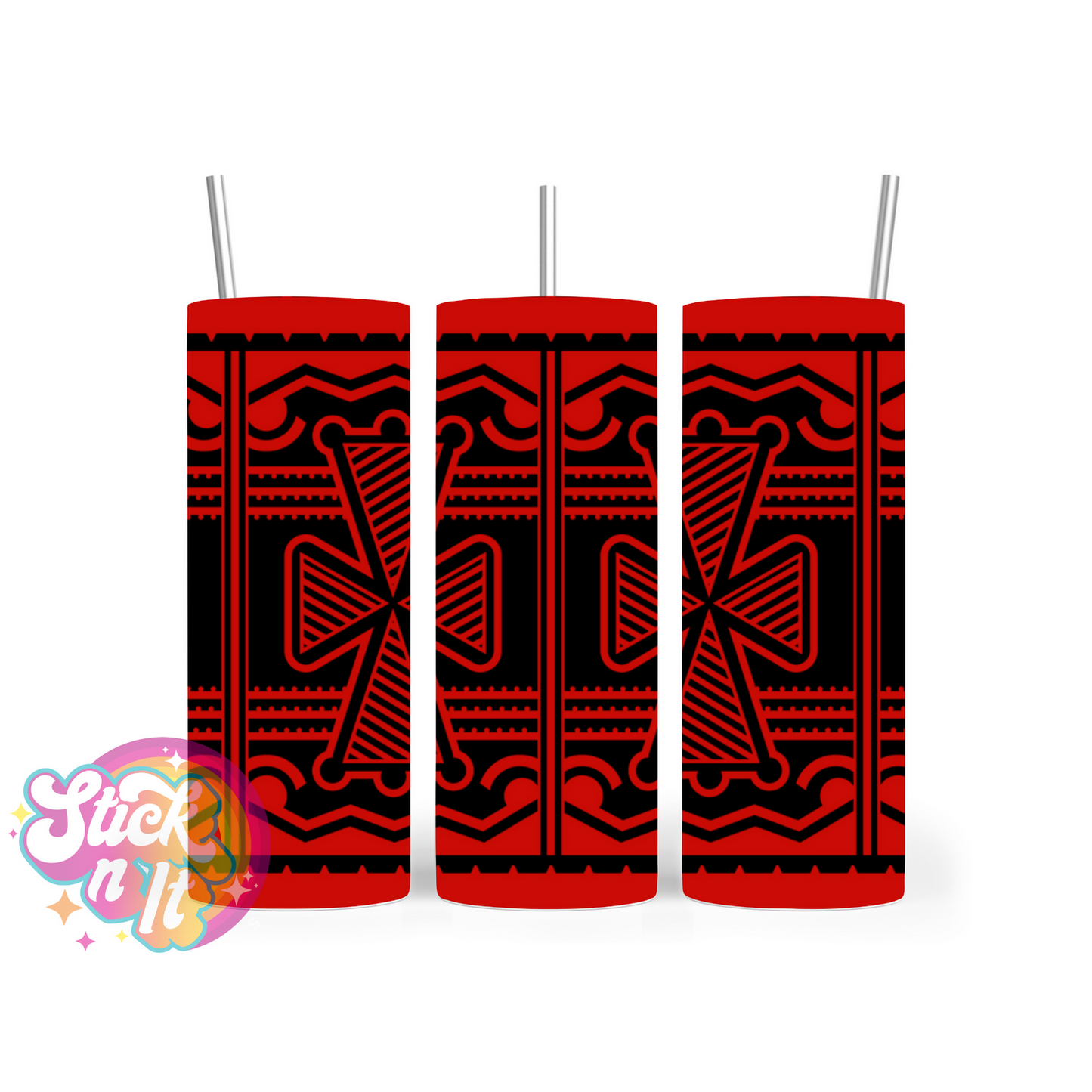 Stainless steel insulated tumbler featuring a white Pacific Islands PNG design in red