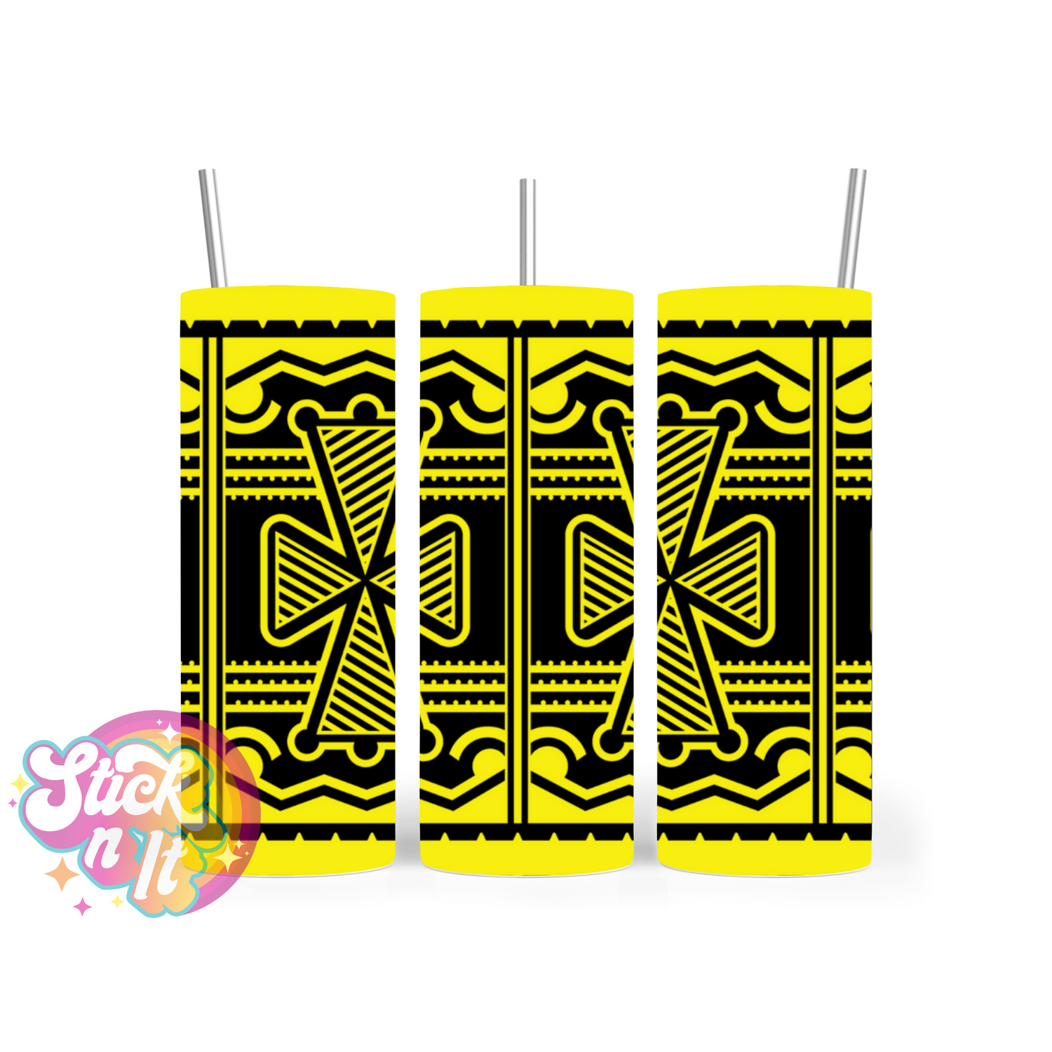 Stainless steel insulated tumbler featuring a white Pacific Islands PNG design in yellow