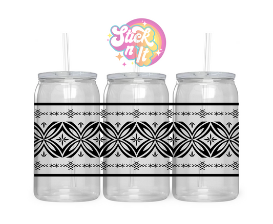 Acrylic cup with straw featuring a Pacific Islands Samoa design in black