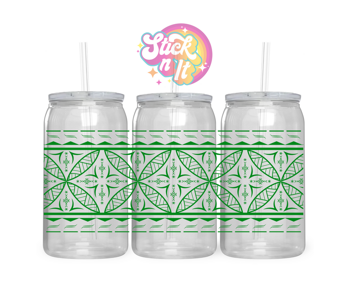 Acrylic cup featuring a Pacific Islands Samoa design in green