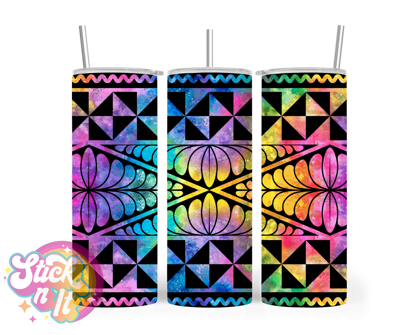 Stainless steel insulated tumbler featuring a Polynesian Tongan design in pastel watercolour