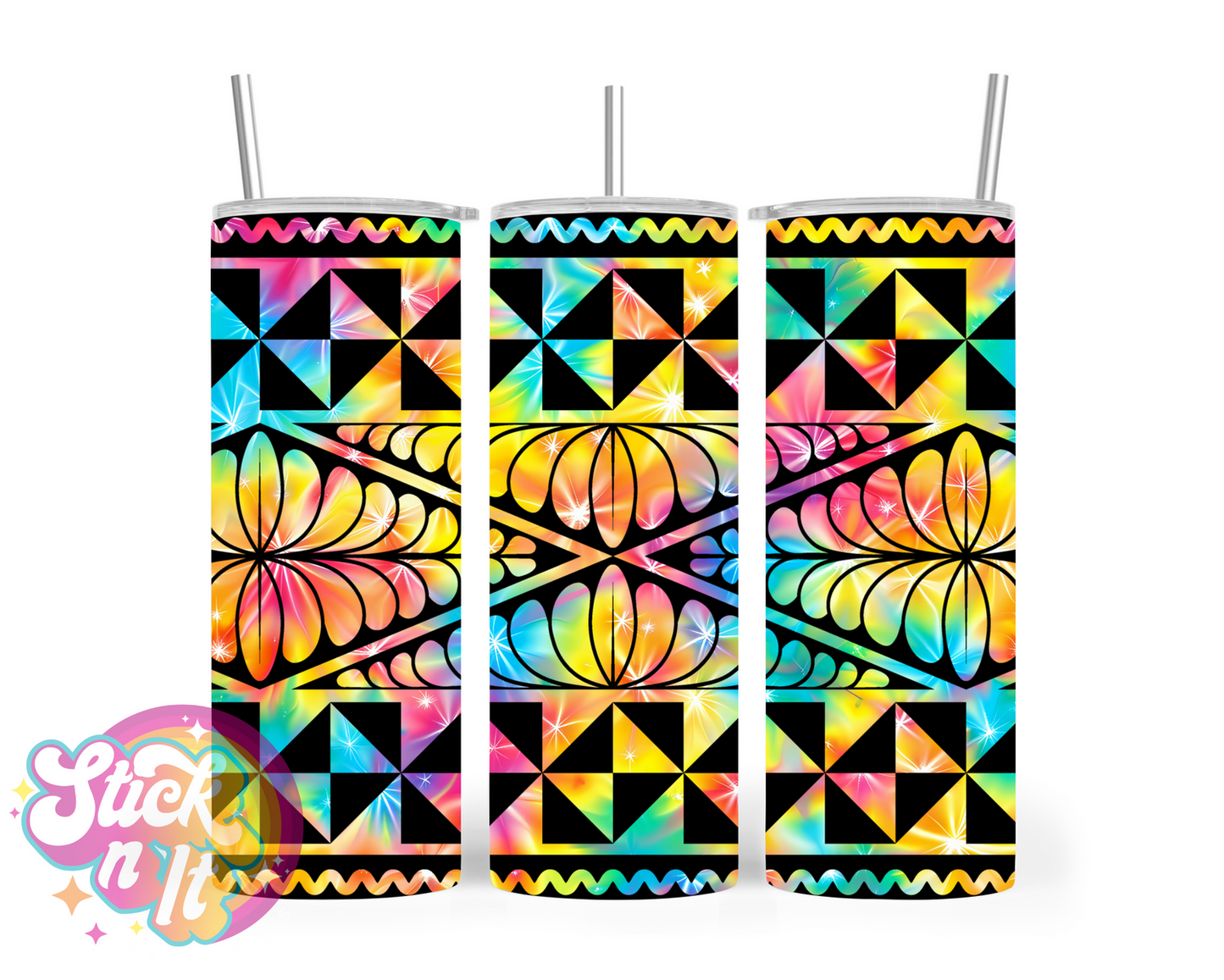 Stainless steel insulated tumbler featuring a Polynesian Tongan design in tie dye