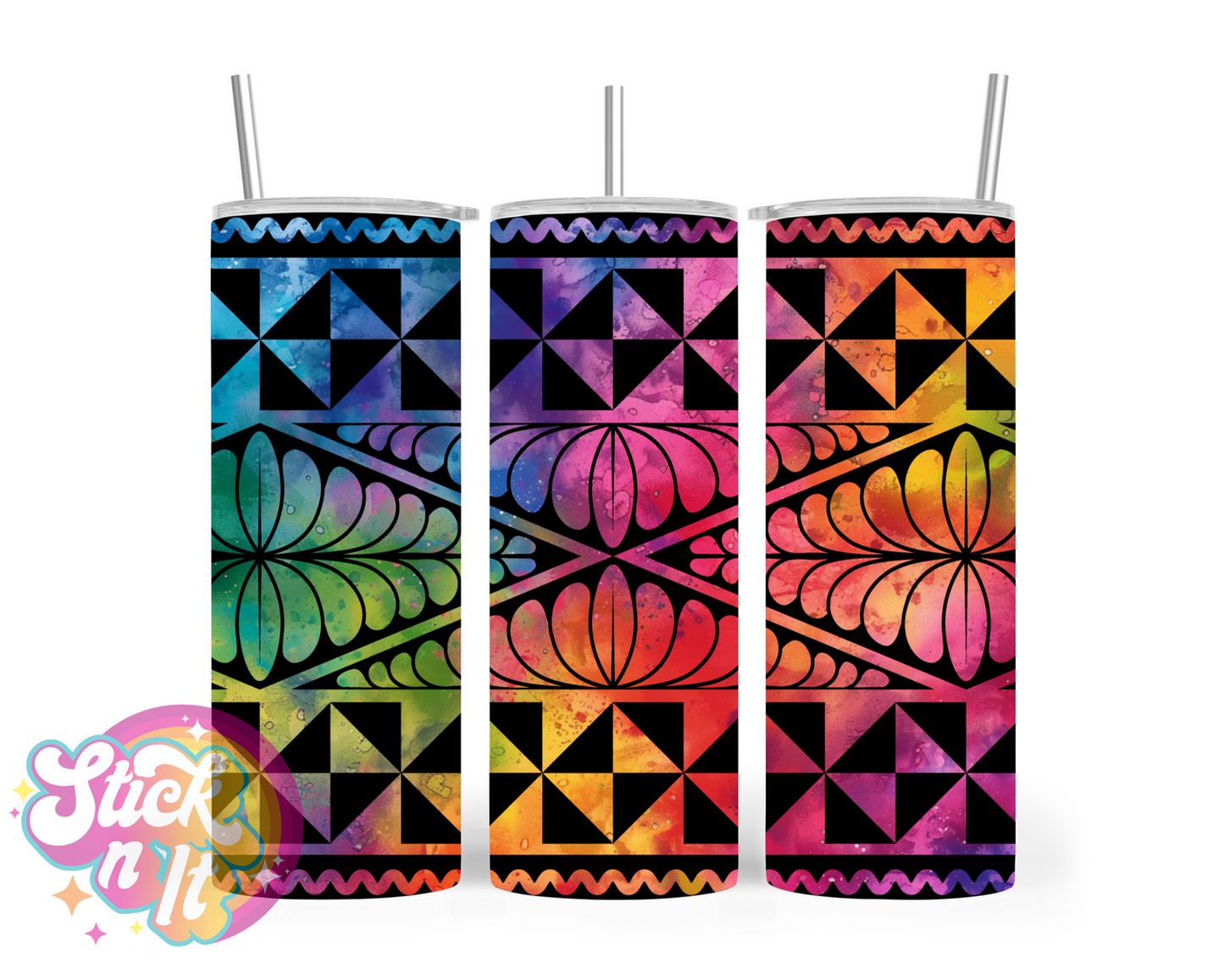 Stainless steel insulated tumbler featuring a Polynesian Tongan design in bright watercolour