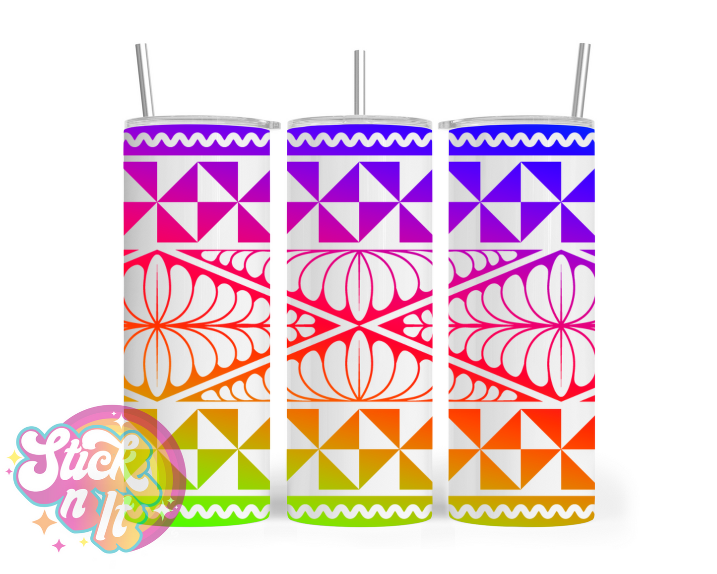 Stainless steel insulated tumbler featuring a Polynesian Tongan design in neon and white