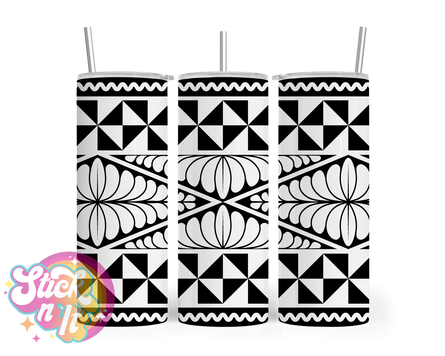 Stainless steel insulated tumbler featuring a Polynesian Tongan design in white and black
