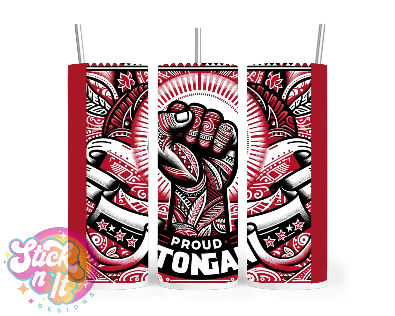 Stainless steel tumbler featuring a raised fist and quote Proud Tongan on a red background