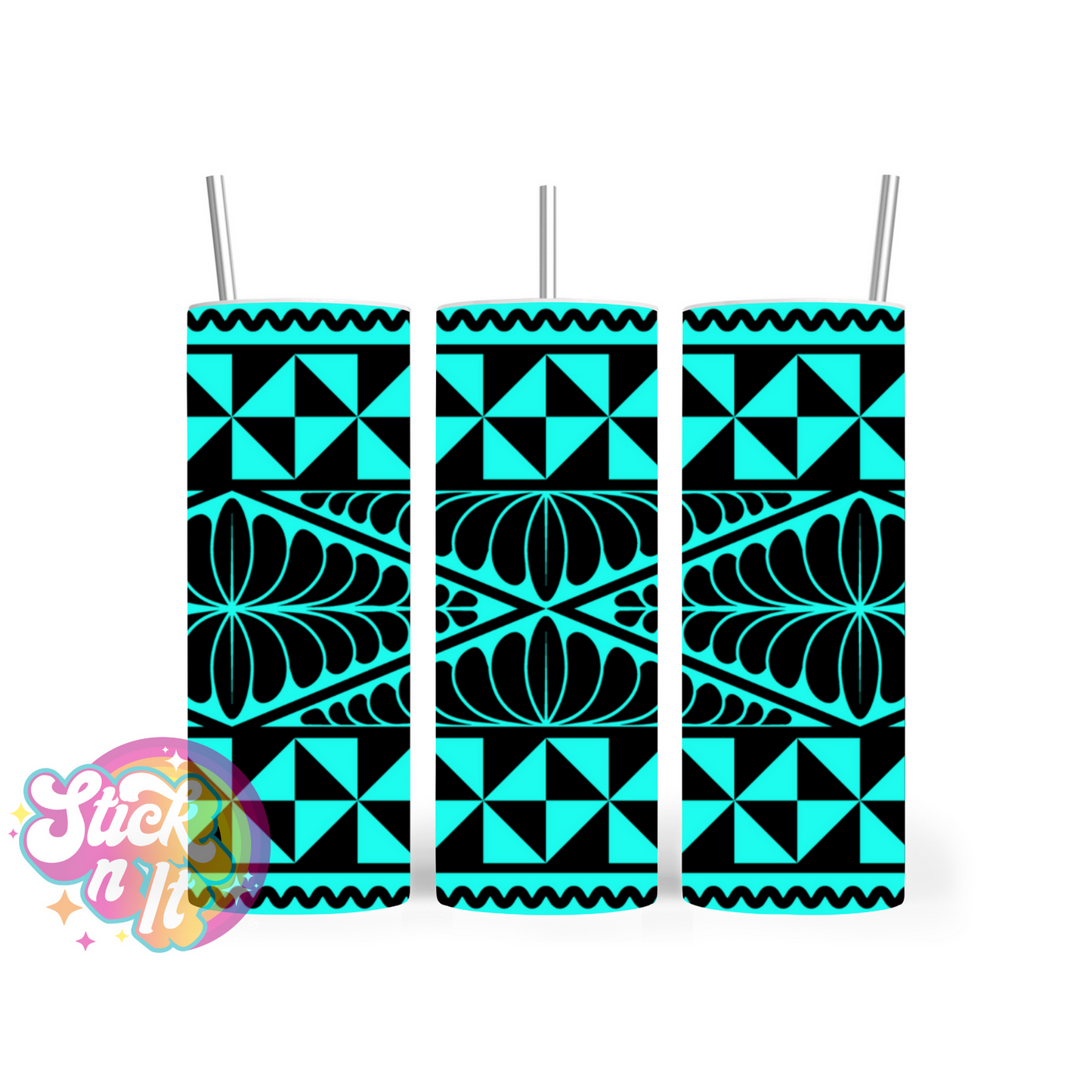 Stainless steel insulated tumbler featuring a Polynesian Tongan design in aqua