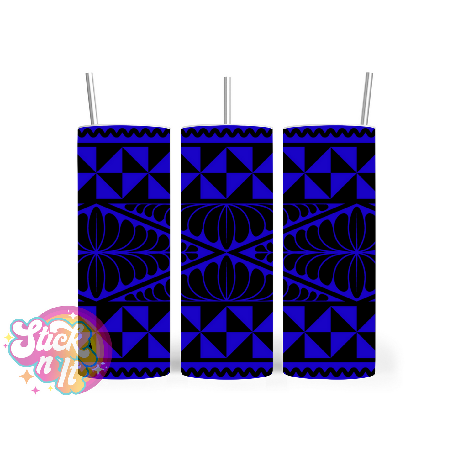 Stainless steel insulated tumbler featuring a Polynesian Tongan design in blue