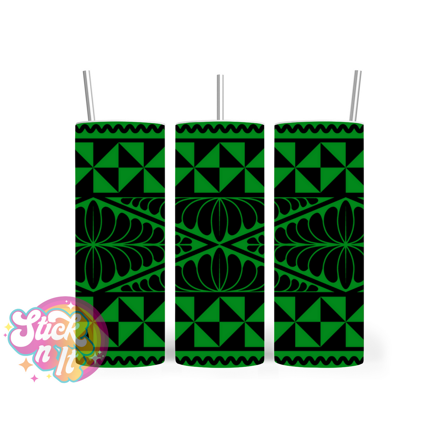 Stainless steel insulated tumbler featuring a Polynesian Tongan design in green