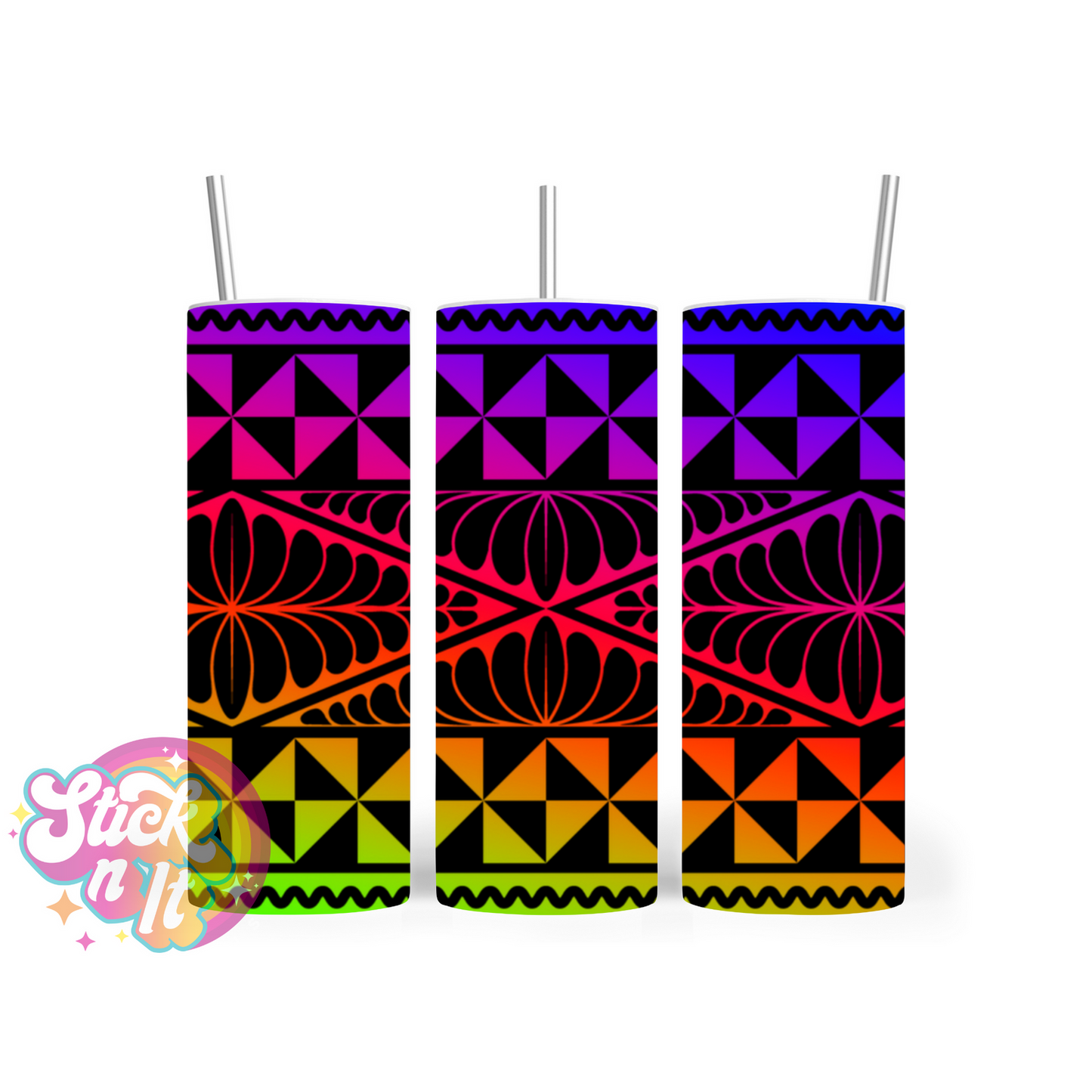 Stainless steel insulated tumbler featuring a Polynesian Tongan design in neon
