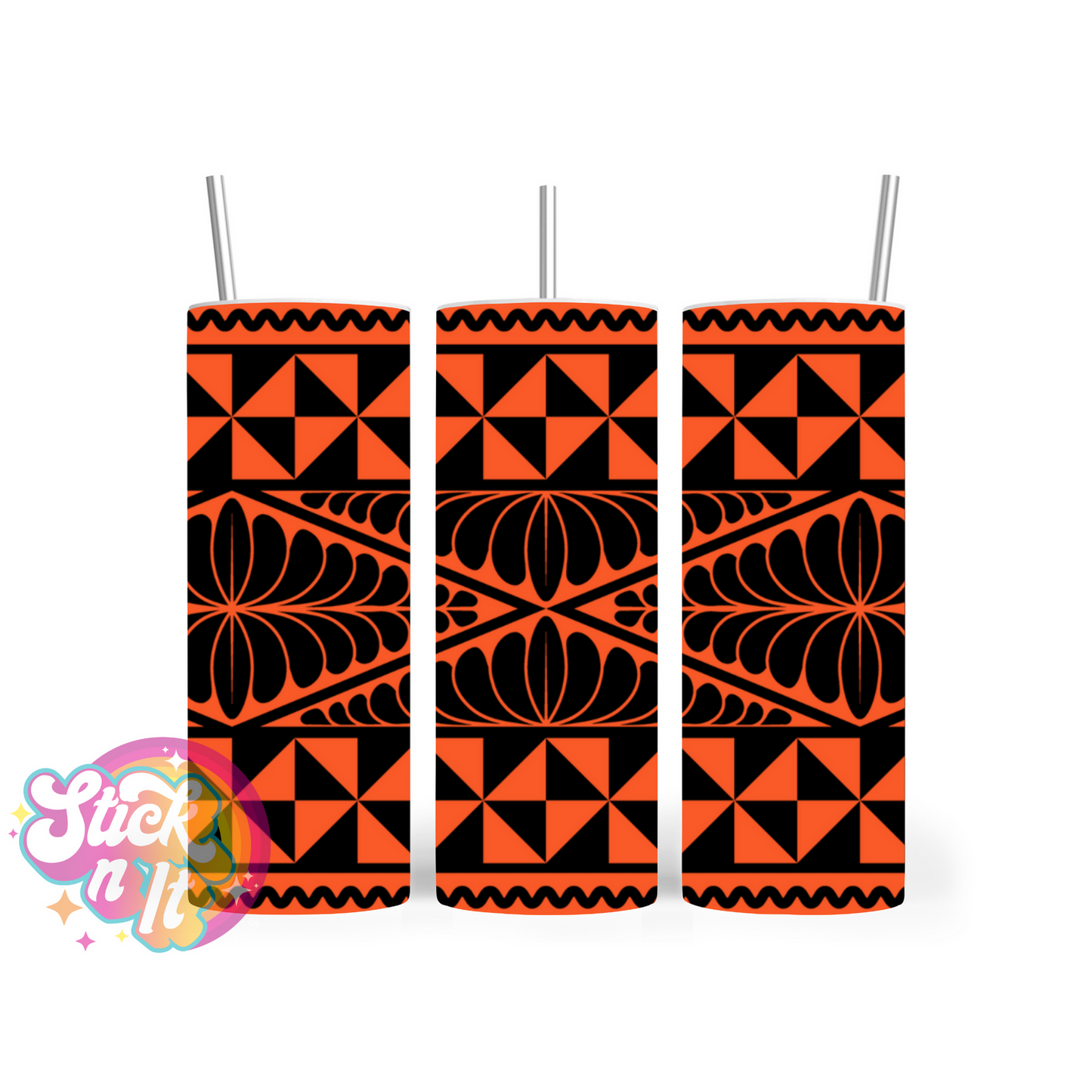 Stainless steel insulated tumbler featuring a Polynesian Tongan design in orange