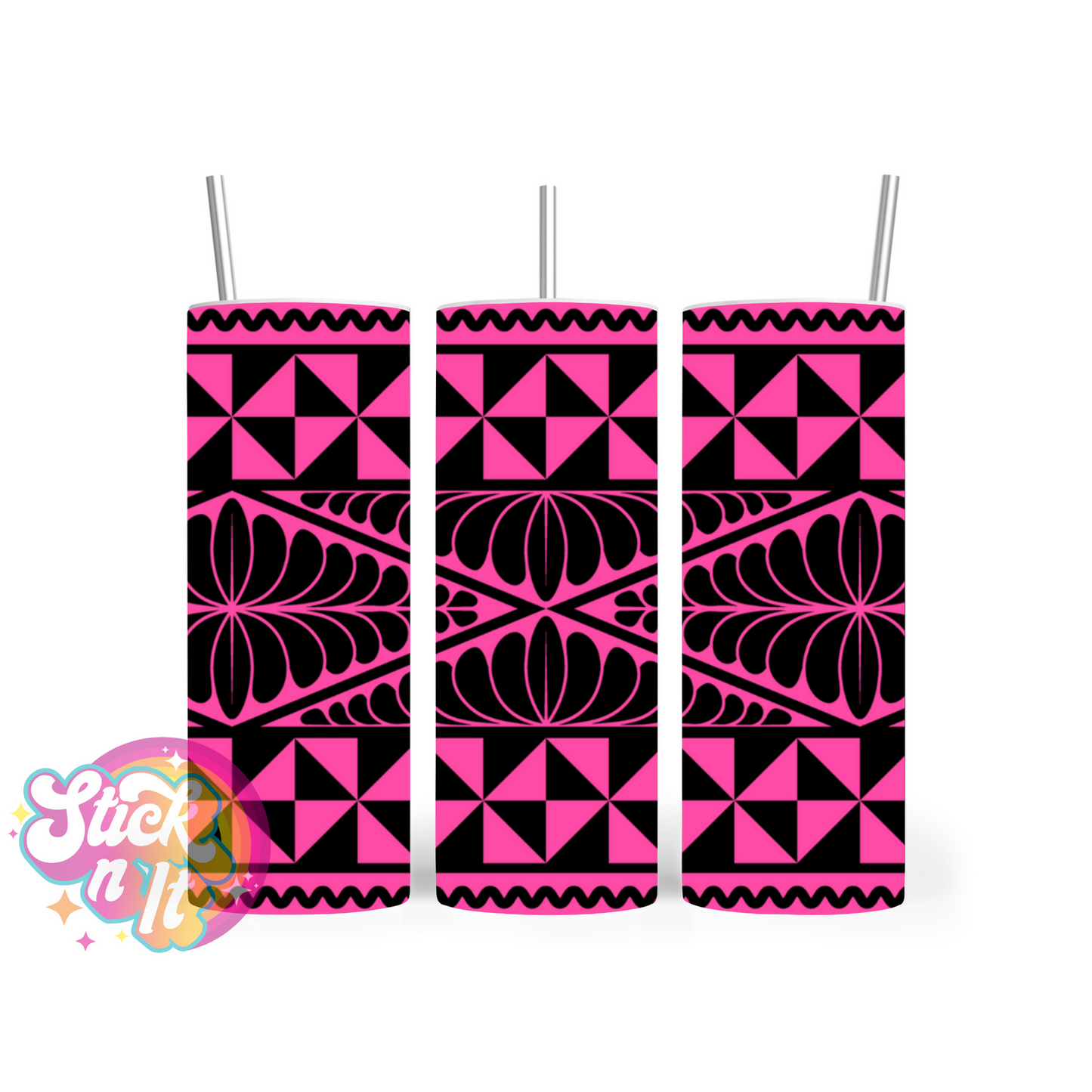Stainless steel insulated tumbler featuring a Polynesian Tongan design in pink