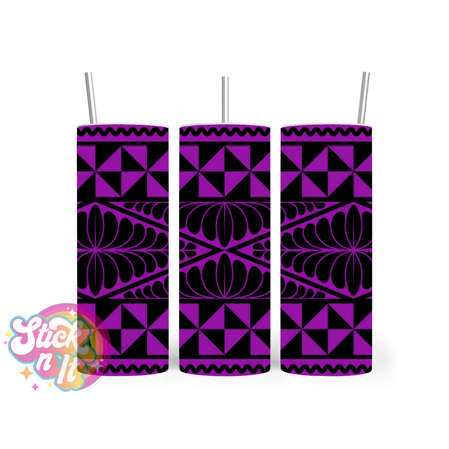 Stainless steel insulated tumbler featuring a Polynesian Tongan design in purple