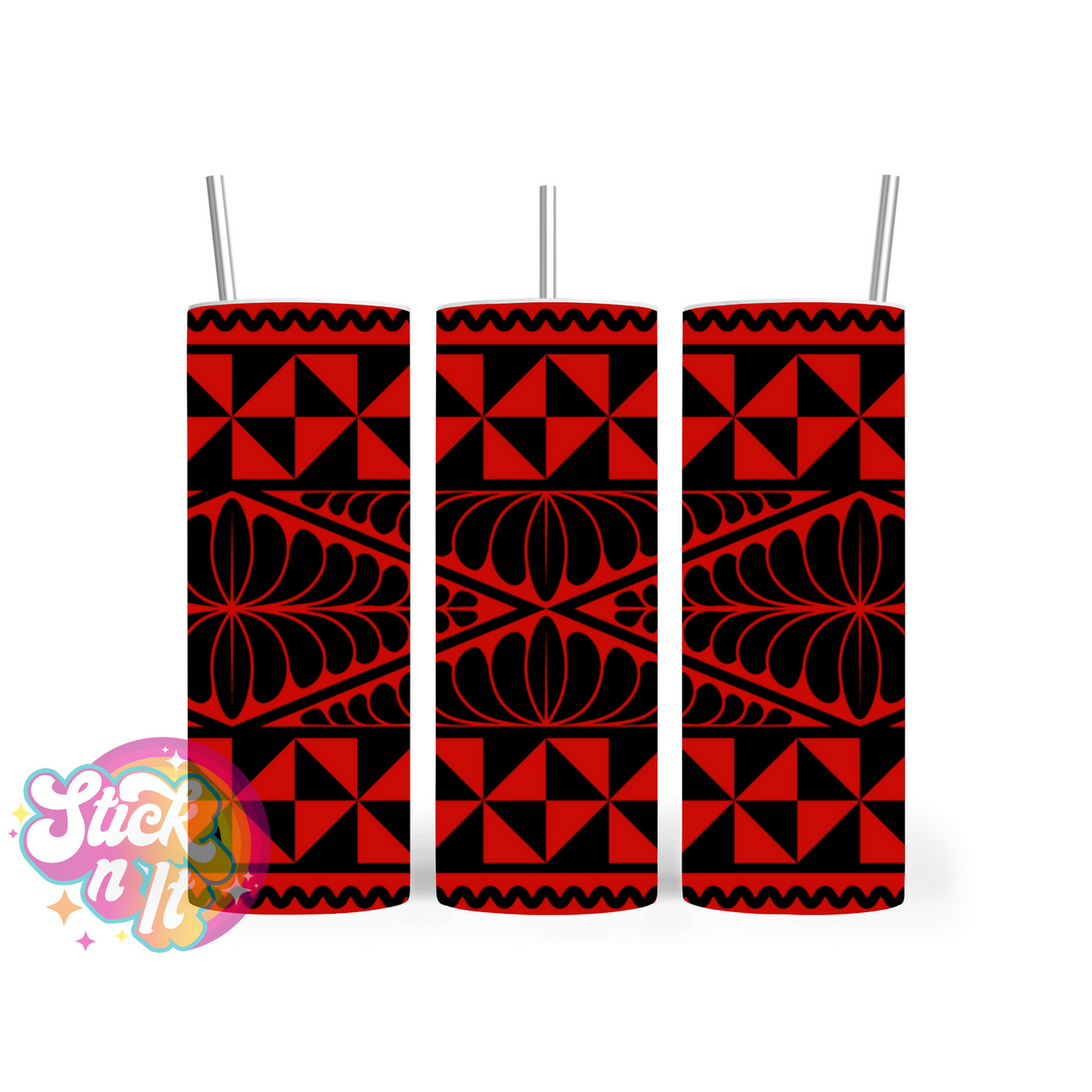 Stainless steel insulated tumbler featuring a Polynesian Tongan design in red