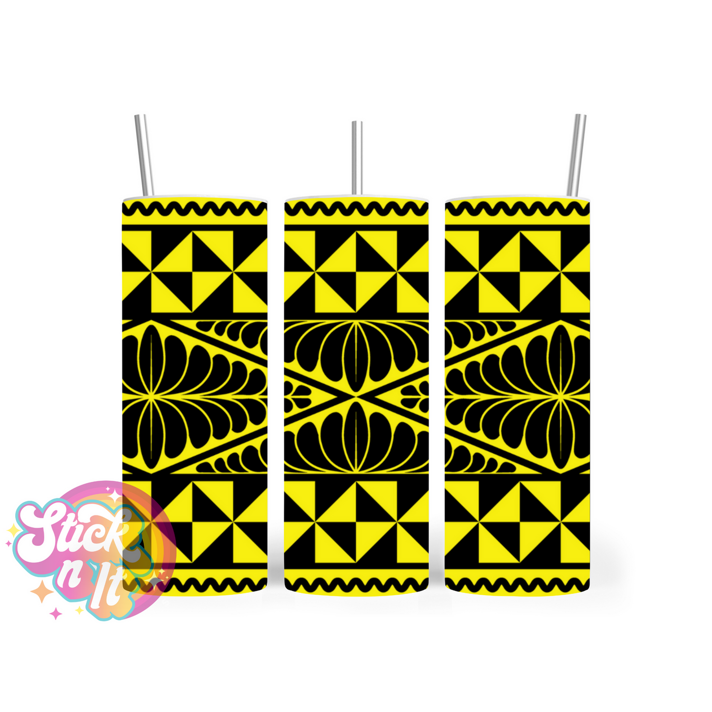 Stainless steel insulated tumbler featuring a Polynesian Tongan design in yellow