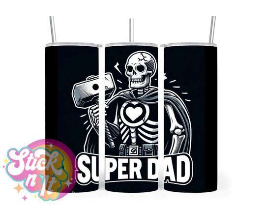 Stainless steel insulated tumbler featuring skeleton wearing cape and quote Super dad