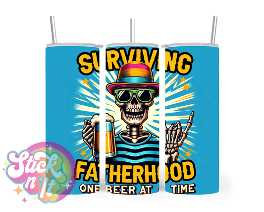 Stainless steel insulated tumbler featuring a skeleton and quote Surviving fatherhood one beer at a time
