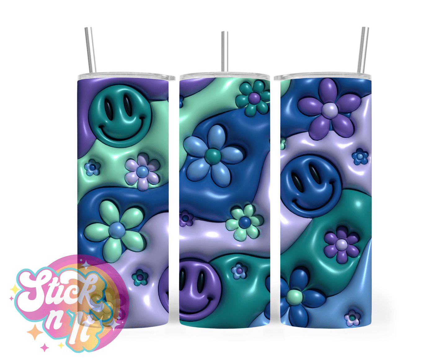 Stainless steel insulated tumbler featuring smiley faces in blues and greens