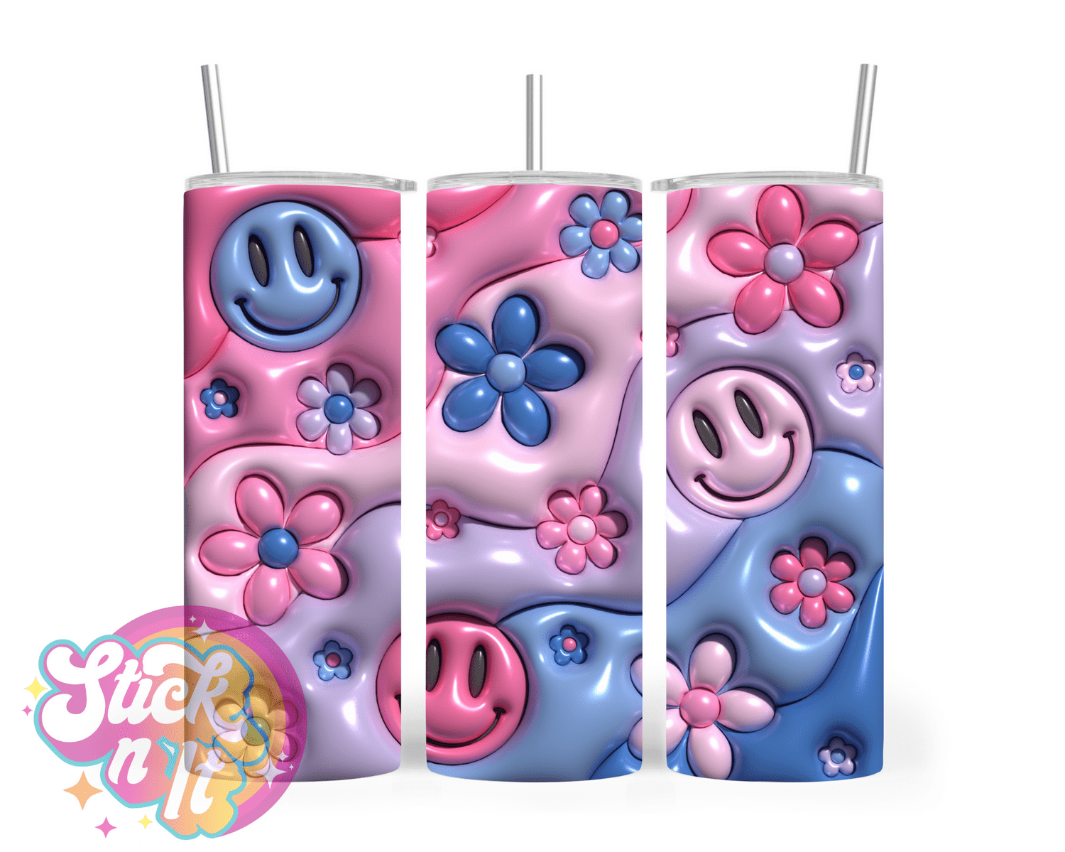 Stainless steel insulated tumbler featuring smiley faces in pinks and purples
