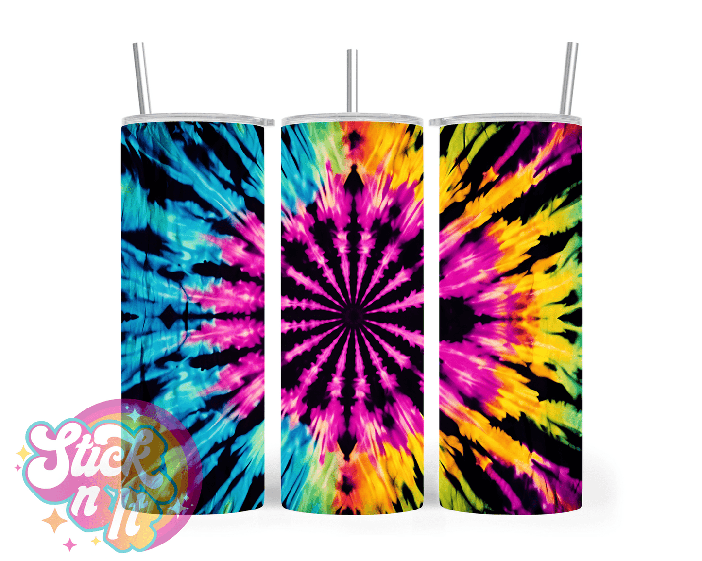 Stainless steel insulated tumbler featuring multicolour tie dye design