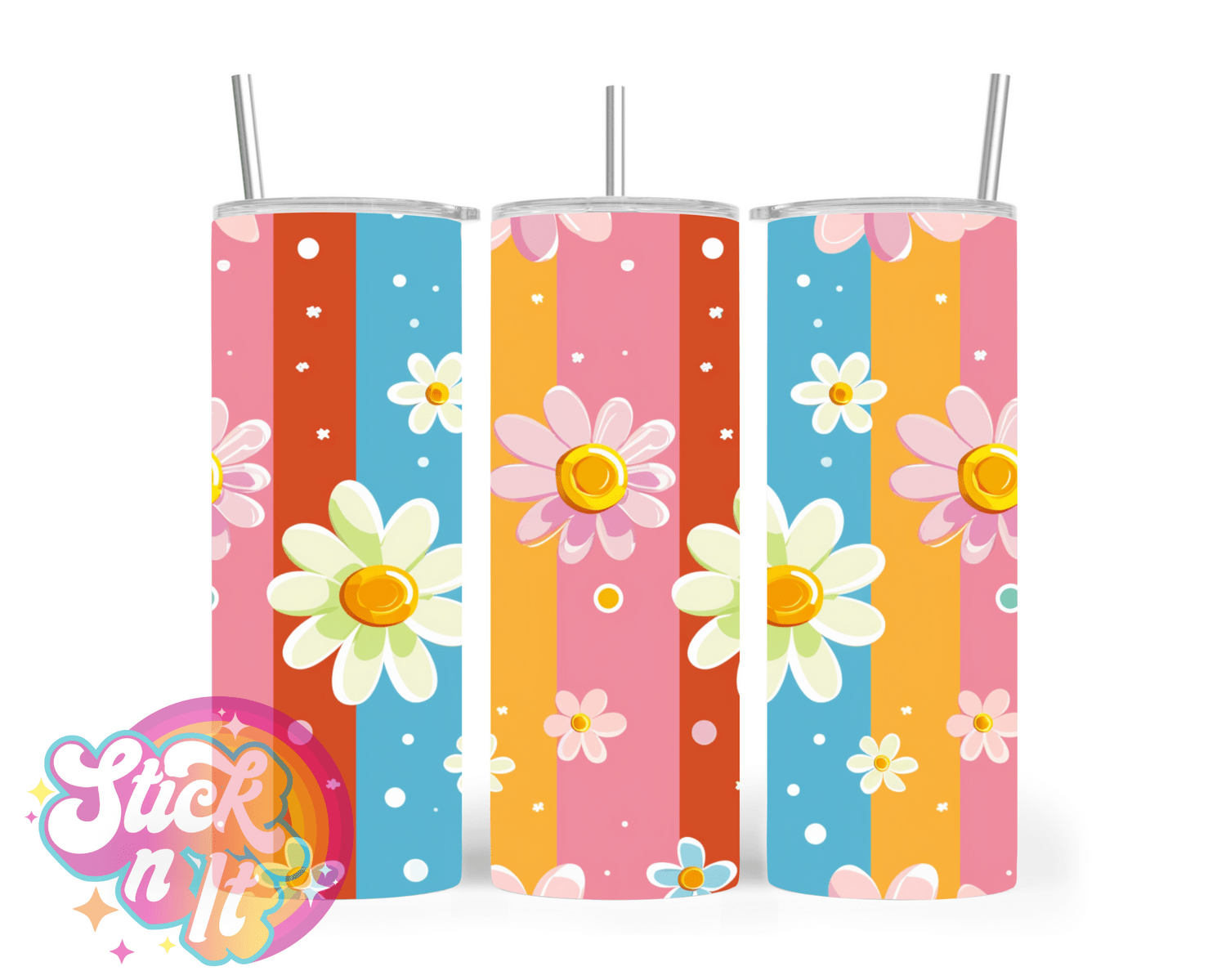 Stainless steel insulated tumbler featuring daisies on a striped background