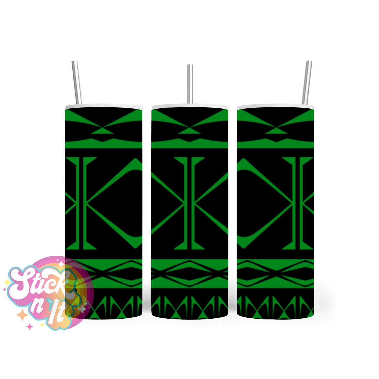 Insulated tumbler featuring Cook Islands Polynesian design in green