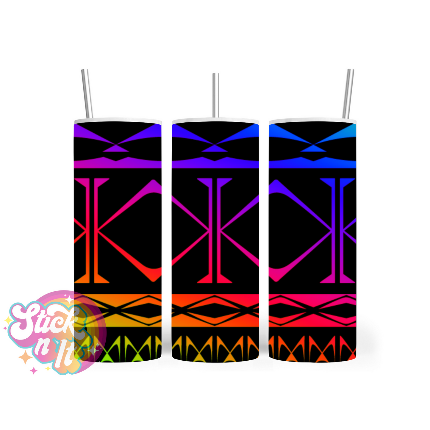 Insulated tumbler featuring Cook Islands Polynesian design in neon and black