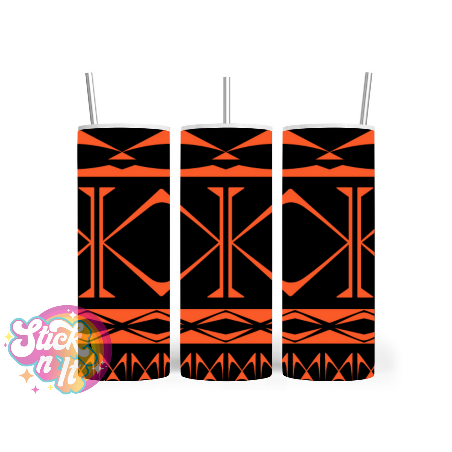 Insulated tumbler featuring Cook Islands Polynesian design in orange