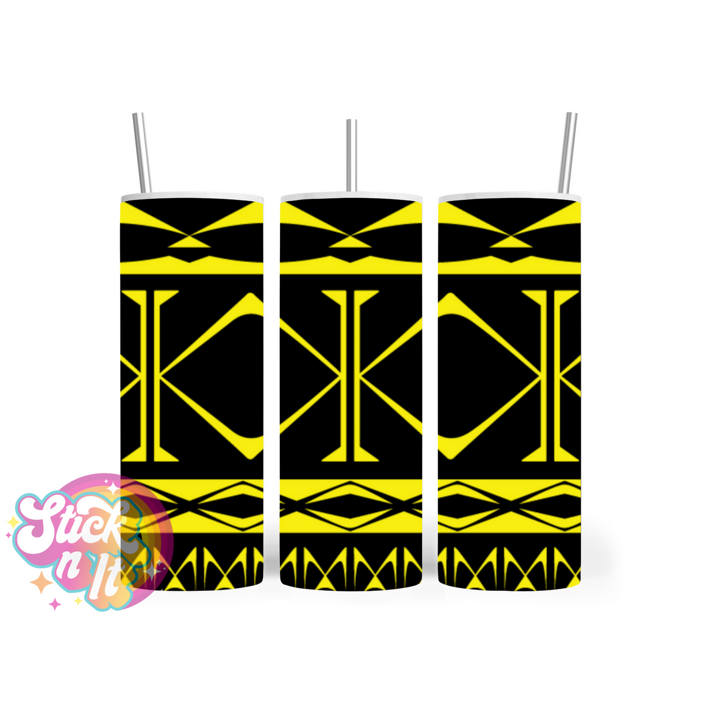 Insulated tumbler featuring Cook Islands Polynesian design in yellow
