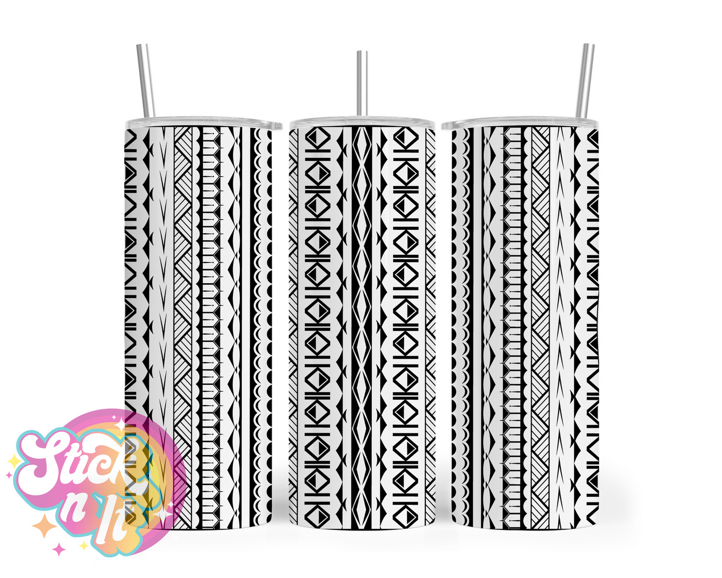 Stainless steel tumbler featuring Cook Islands Polynesian design in white and black