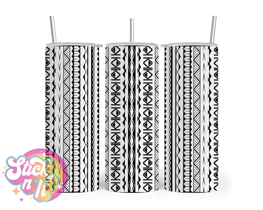 Stainless steel tumbler featuring Cook Islands Polynesian design in white and black