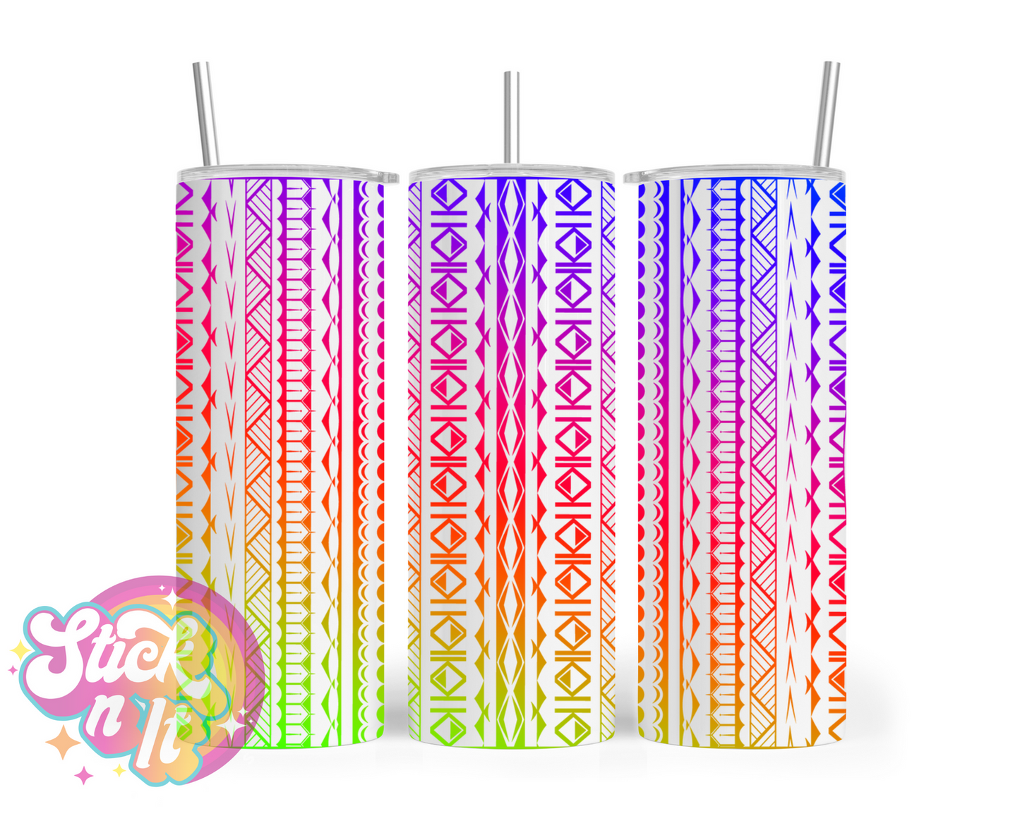 Stainless steel tumbler featuring Cook Islands Polynesian design in neon