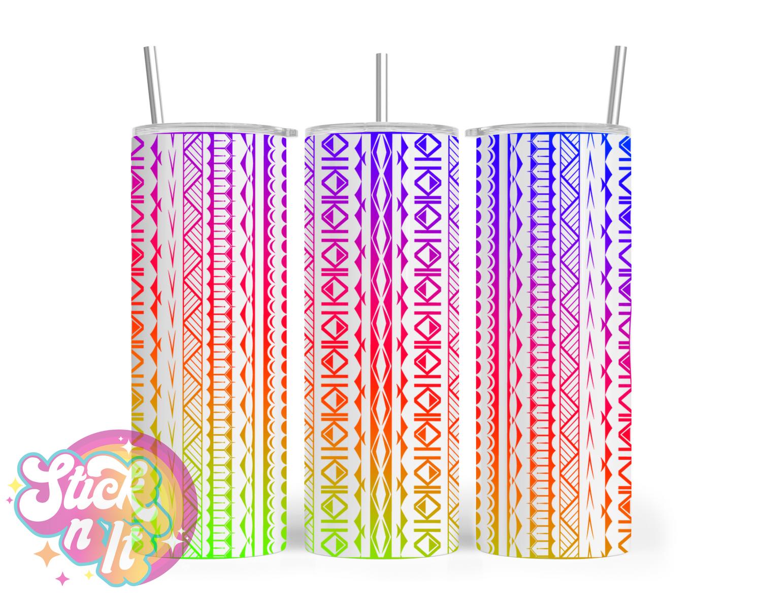 Stainless steel tumbler featuring Cook Islands Polynesian design in neon