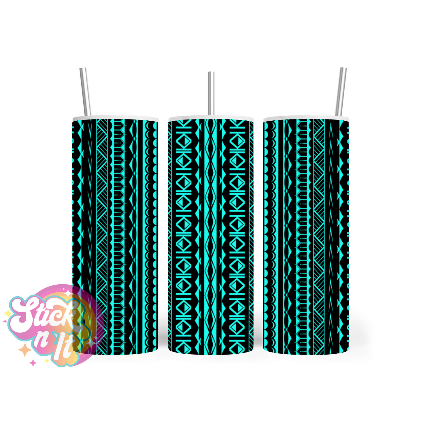 Stainless steel tumbler featuring Cook Islands Polynesian design in aqua