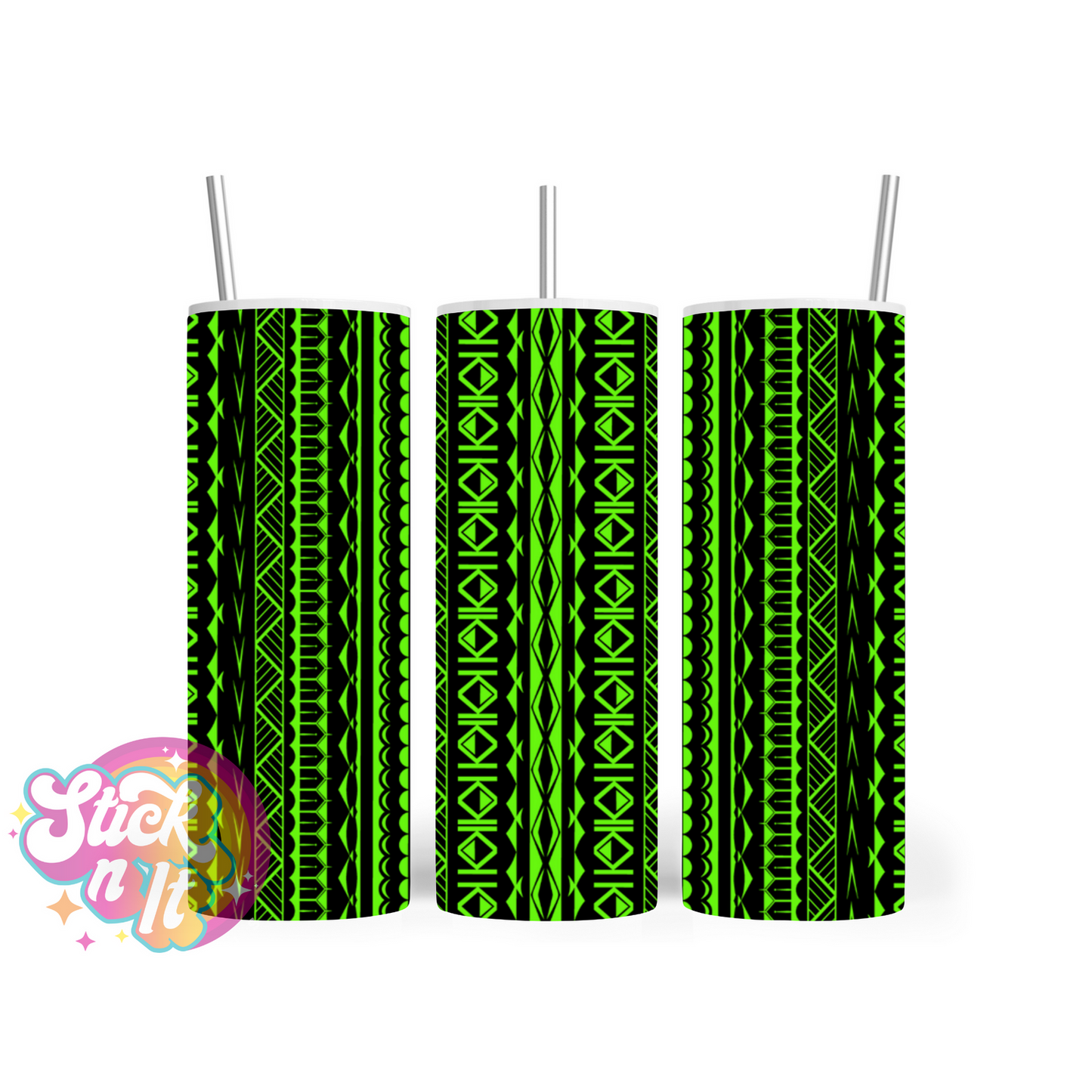 Stainless steel tumbler featuring Cook Islands Polynesian design in lime