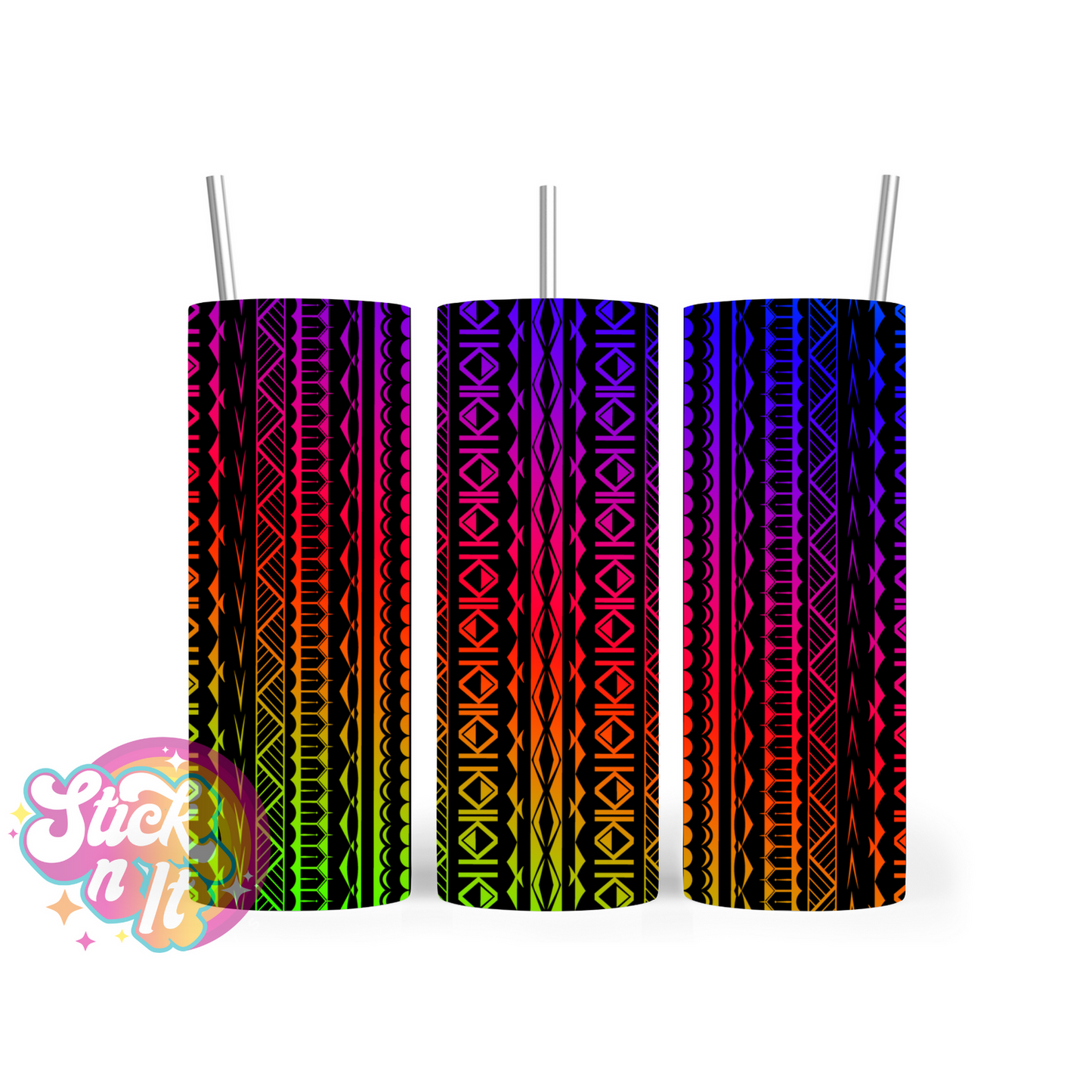 Stainless steel tumbler featuring Cook Islands Polynesian design in neon and black